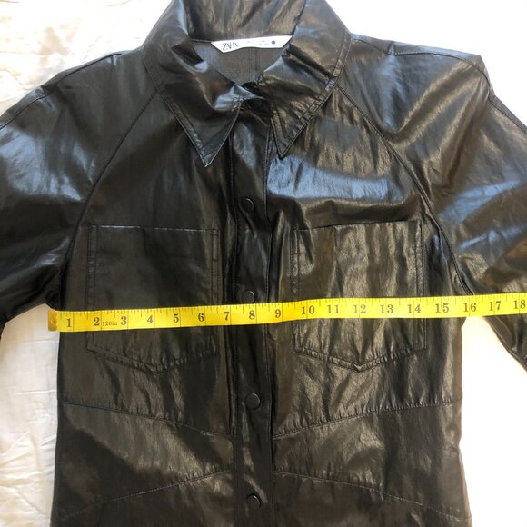 Zara Faux Leather Shirt Shacket Coat Button-Up S Black - Picture 14 of 16